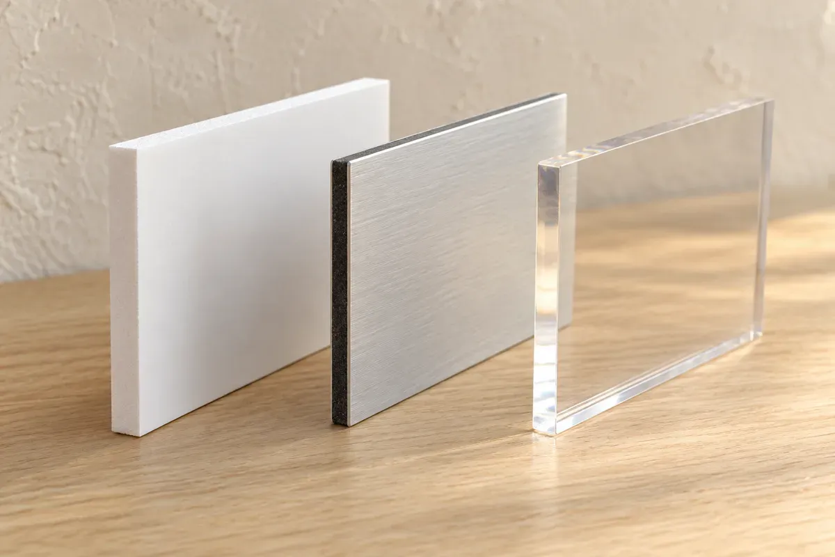 Campioni dimostrativi di pannello bianco, composito di alluminio e acrilico trasparente