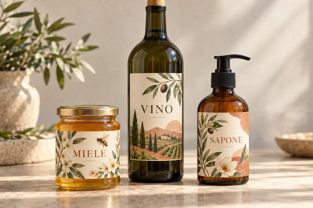 Etichette applicate a confezioni di miele, vino e sapone