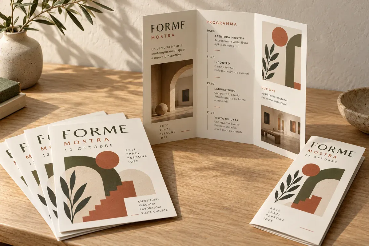 Flyer e brochure a tre ante con grafica coordinata per un evento
