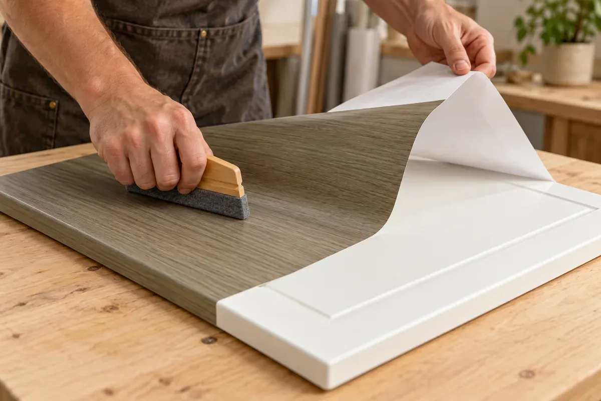 Posa dimostrativa di una pellicola effetto legno su un pannello di arredo
