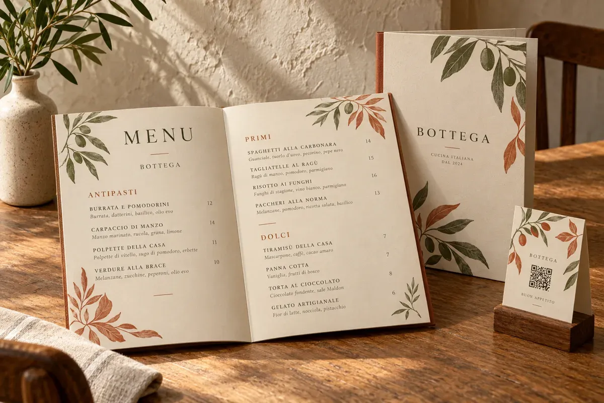 Menu stampato aperto, copertina coordinata e supporto da tavolo