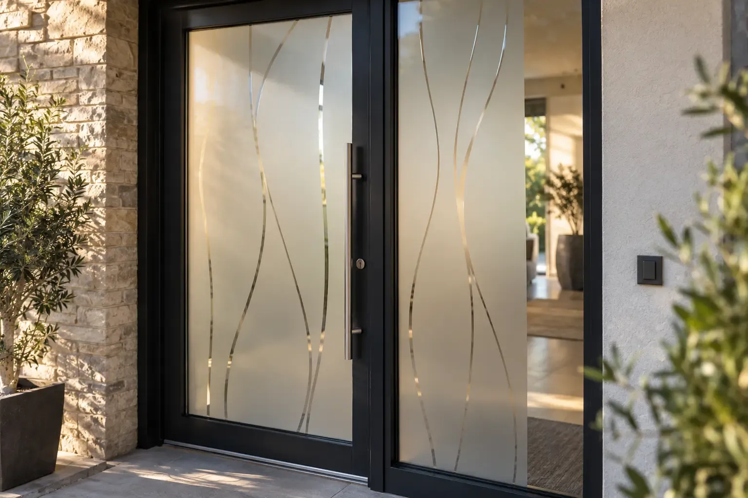 Simulazione di pellicola decorativa satinata su una porta vetrata residenziale
