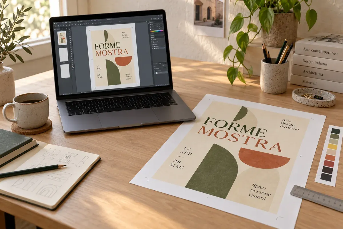 Layout di un manifesto a schermo e prova di stampa su carta